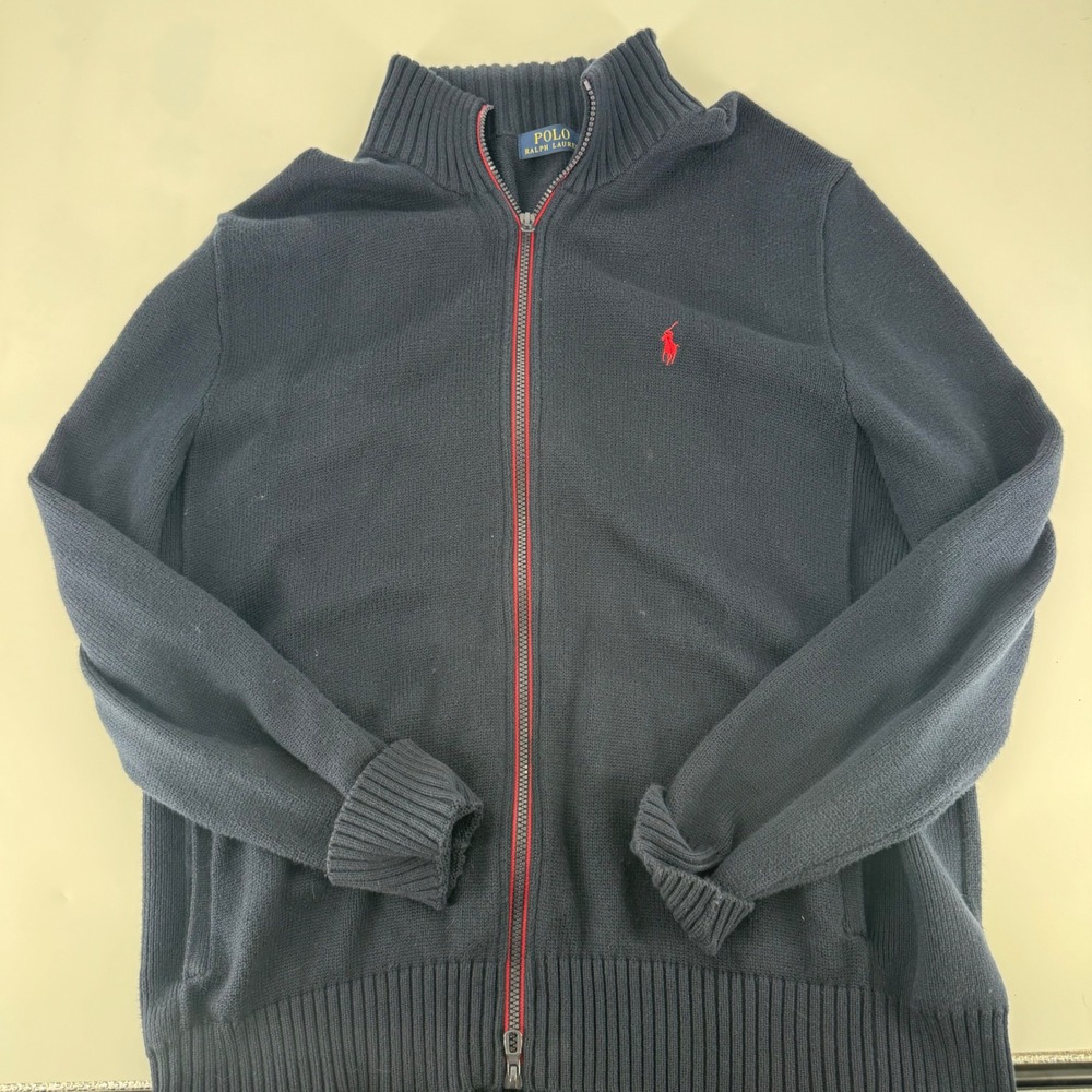 Polo Ralph Lauren Mens XL Navy Blue‎ Full Zip Cotton Knit Sweater Red Pony Logo